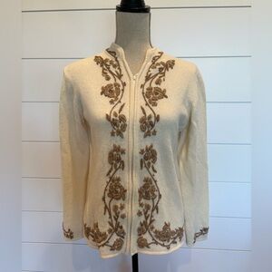 Coldwater Creek Vintage Cream/Brown Lambs Wool Full Zip Cardigan Sweater Med.
